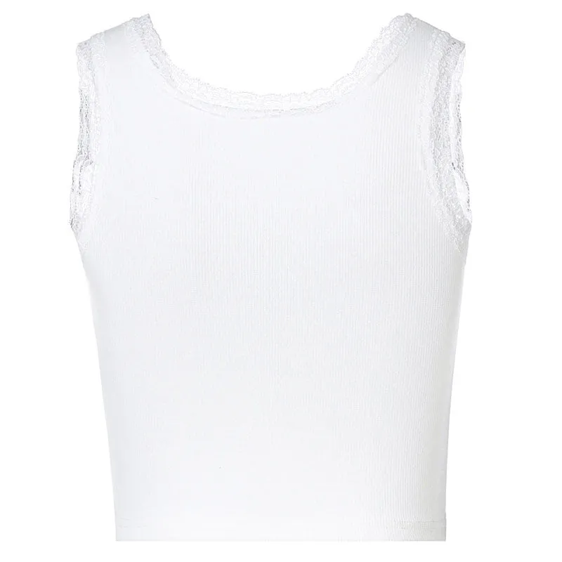 Cute Style Lace Edge Scoop Neck Rib Crop Tank Top - White