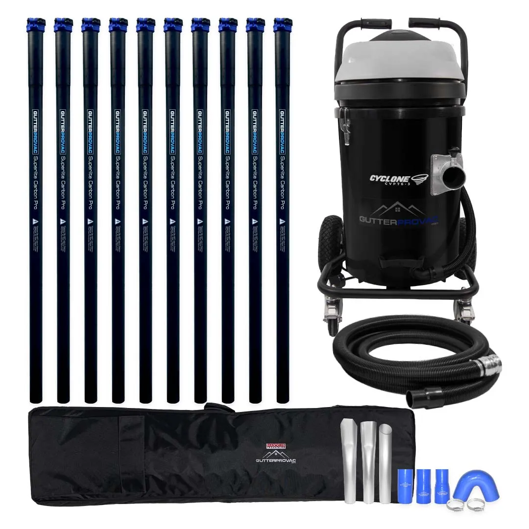 Cyclone II 3600W Polypropylene 20 Gallon Gutter Vacuum with 40 Foot Carbon Fiber Clamping  Poles and Bag