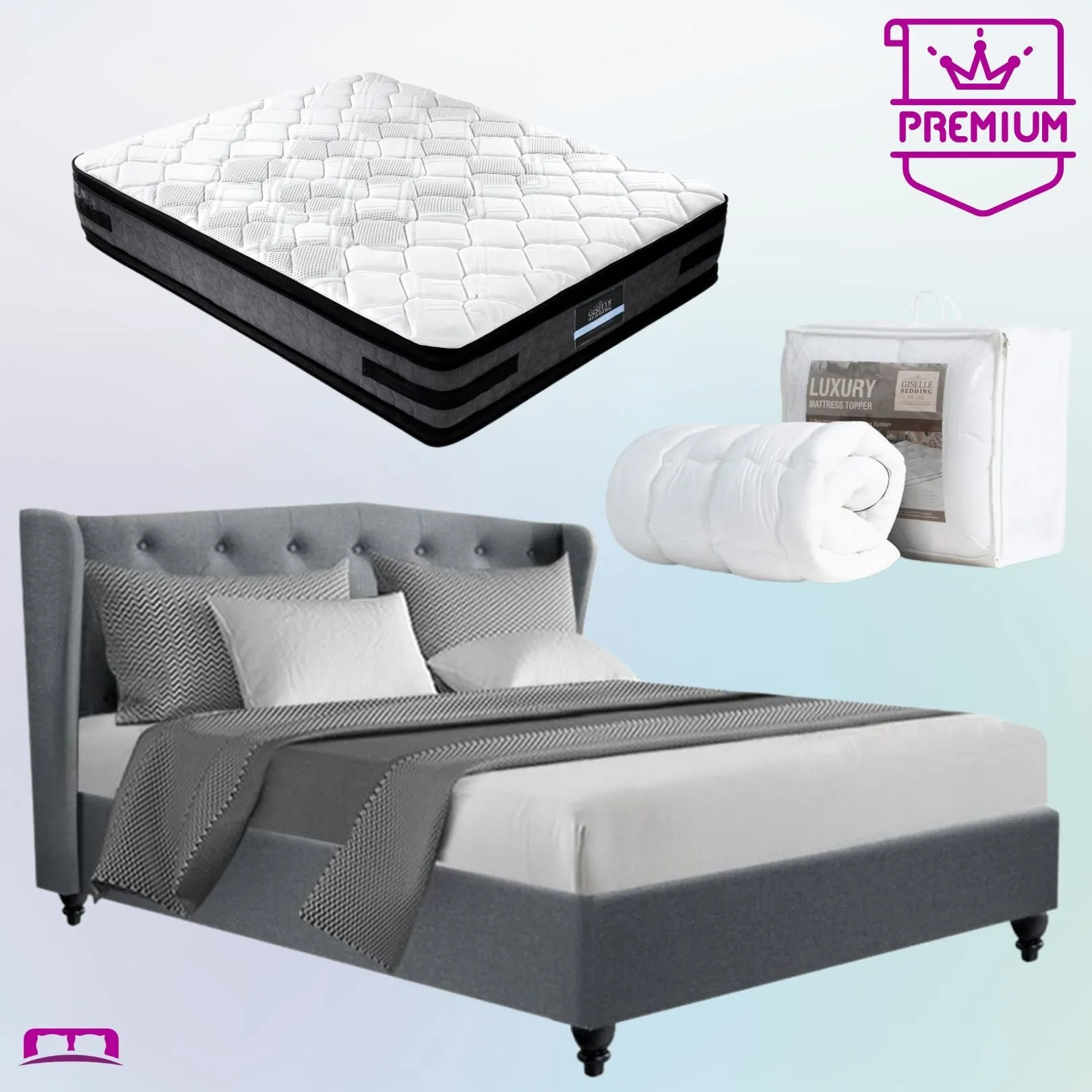 Double Premium Package | Altona Bed Grey, Luna Series Euro Top Mattress (Medium Firm) & Bamboo Mattress Topper!