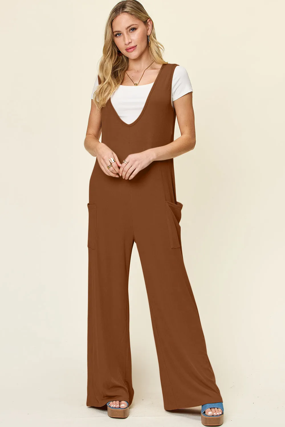 Double Take Full Size Sleeveless Wide Leg Jumpsuit with Pockets