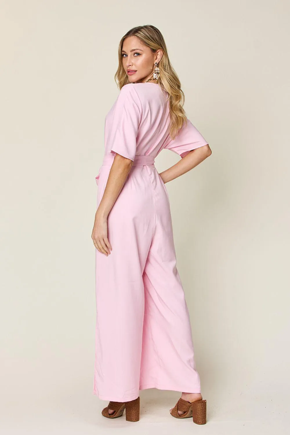 Double Take Full Size V-Neck Tie Front Short Sleeve Slit Jumpsuit