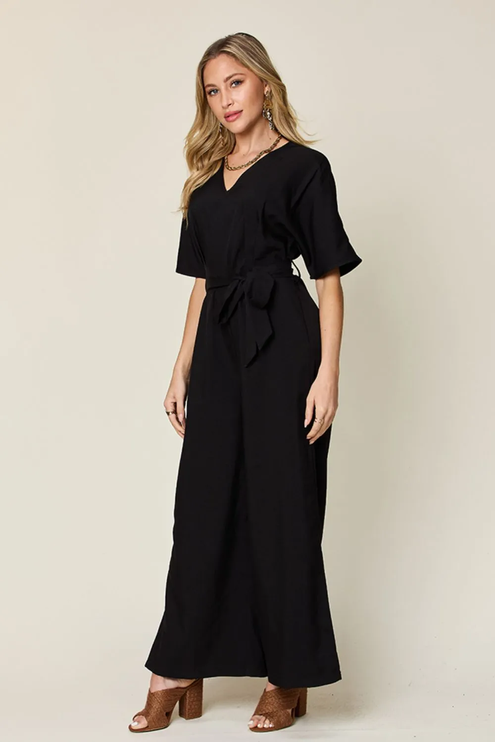 Double Take Full Size V-Neck Tied Side Slit Jumpsuit