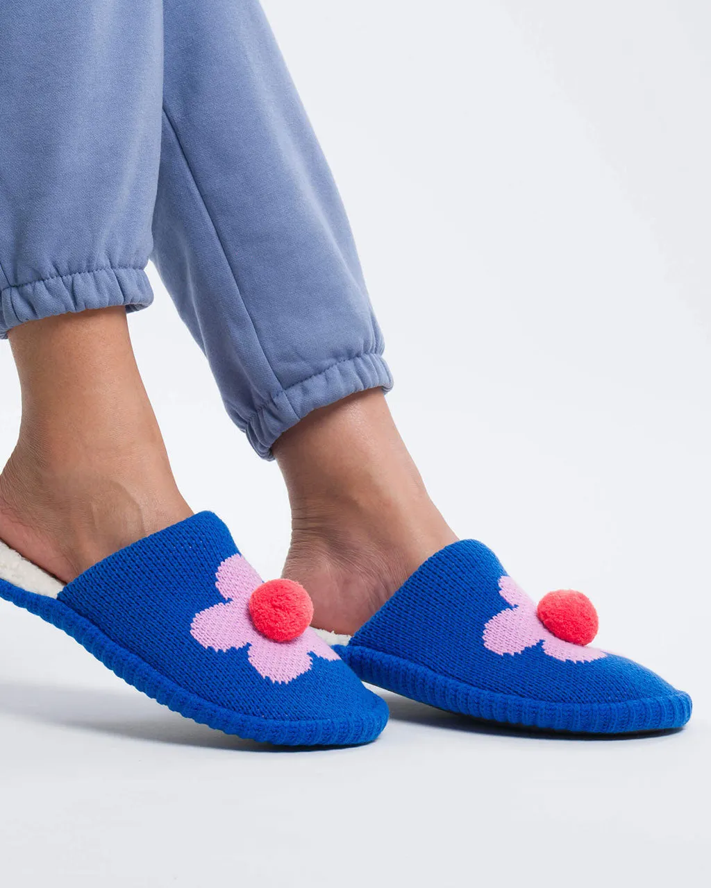 Flower Pom Slide Slippers - Cobalt