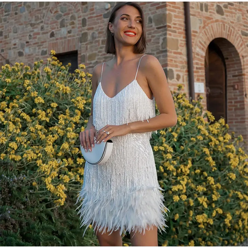 Funki Buys | Dresses | Women's Sequin Feather Fringe Dress