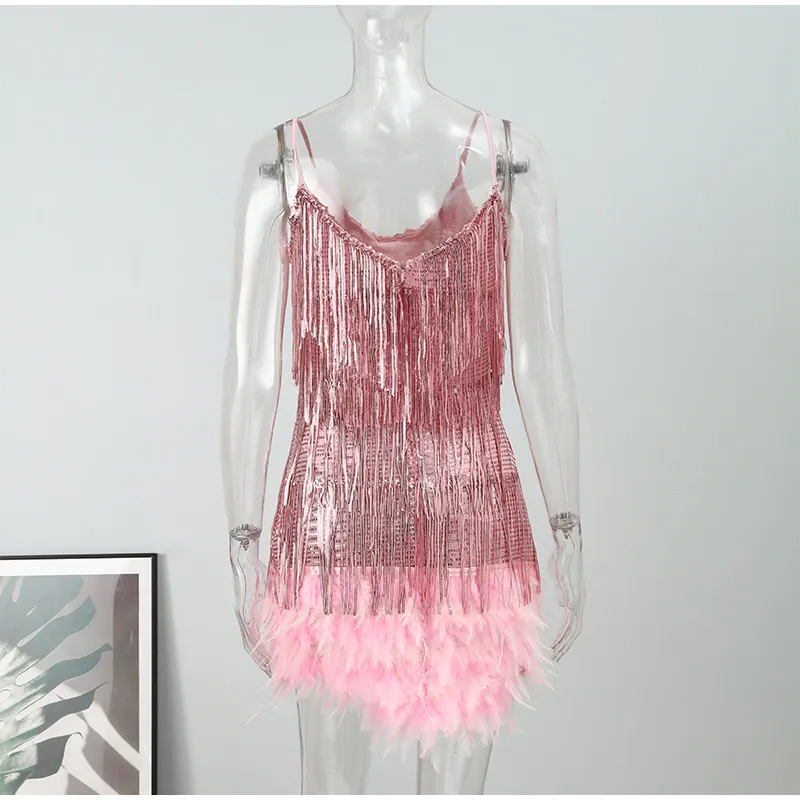 Funki Buys | Dresses | Women's Sequin Feather Fringe Dress