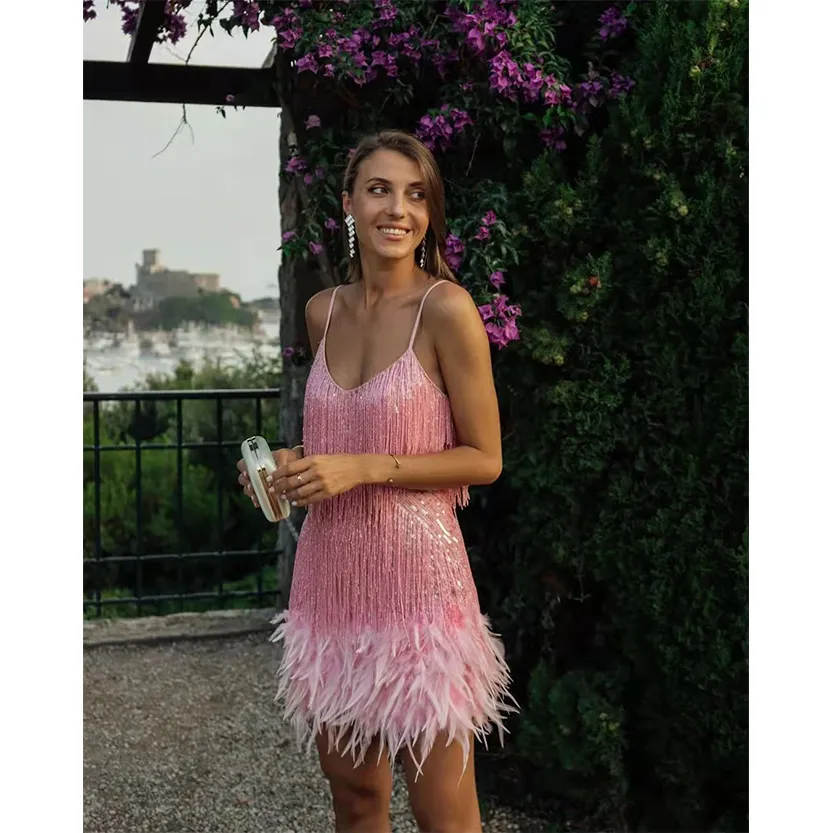 Funki Buys | Dresses | Women's Sequin Feather Fringe Dress