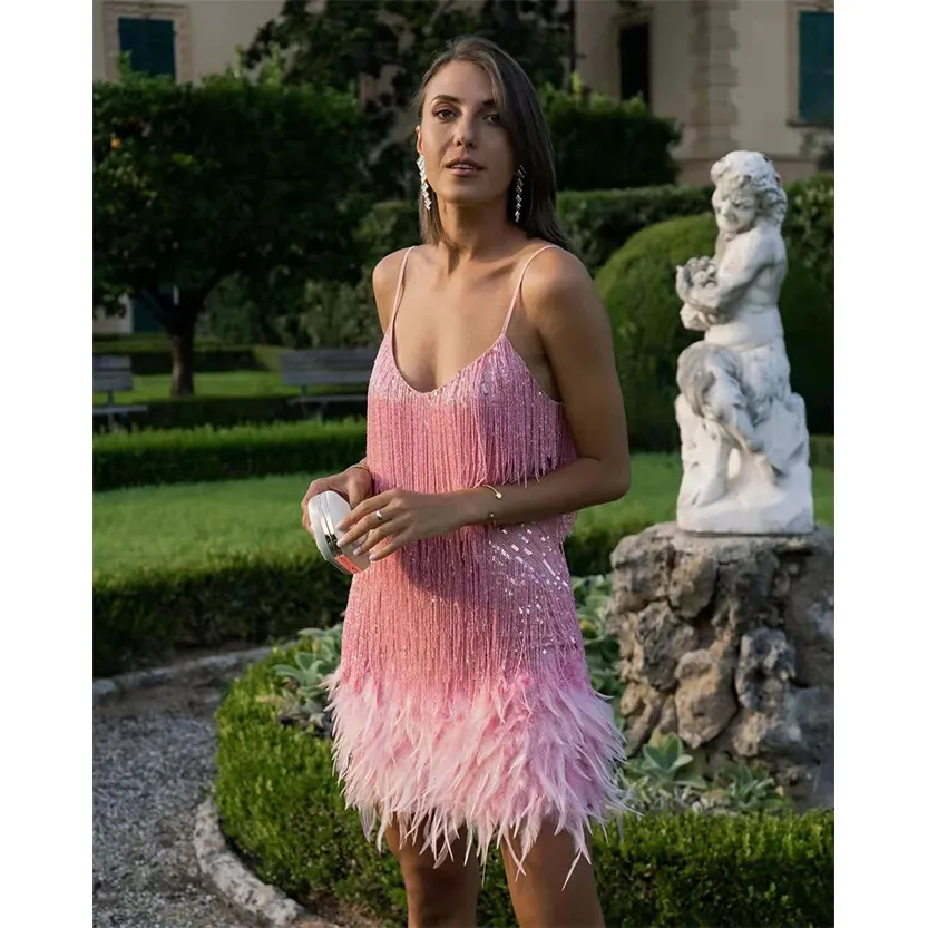 Funki Buys | Dresses | Women's Sequin Feather Fringe Dress