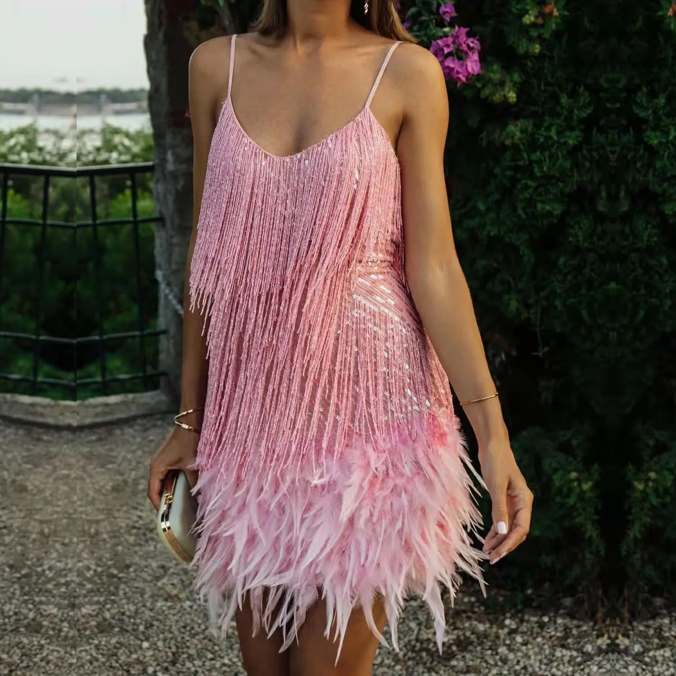 Funki Buys | Dresses | Women's Sequin Feather Fringe Dress