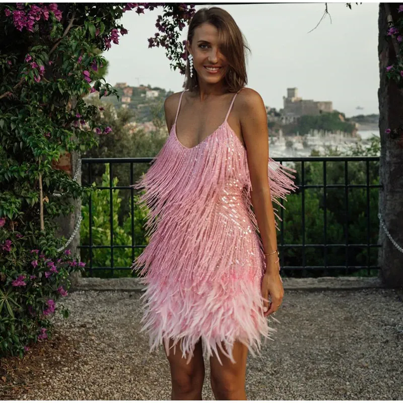 Funki Buys | Dresses | Women's Sequin Feather Fringe Dress