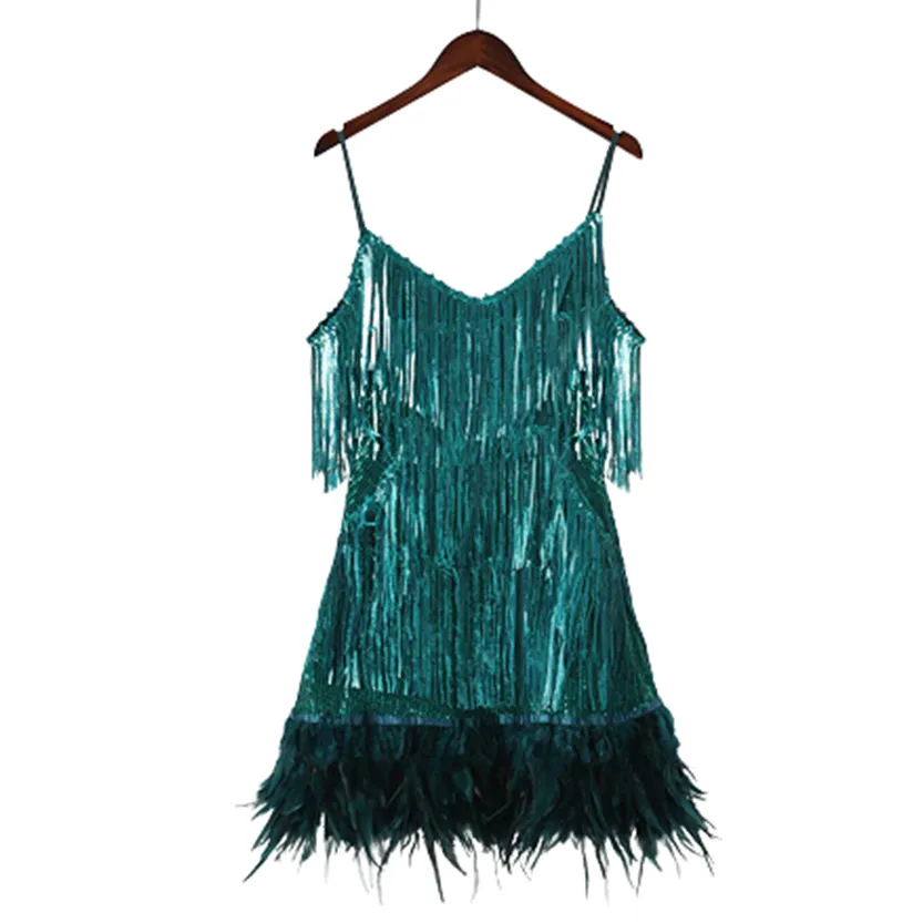 Funki Buys | Dresses | Women's Sequin Feather Fringe Dress