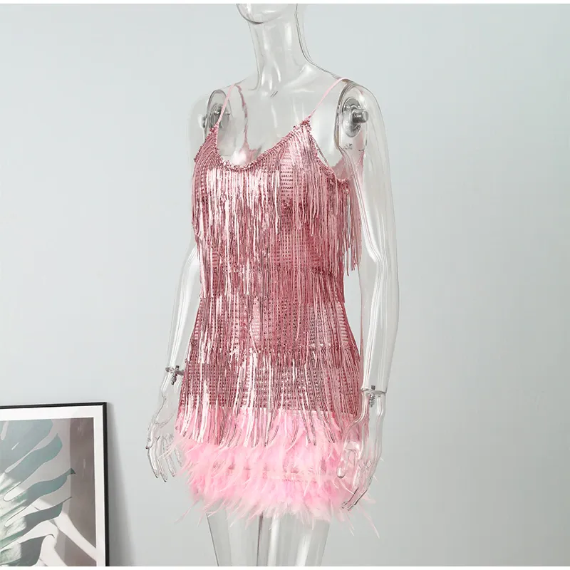 Funki Buys | Dresses | Women's Sequin Feather Fringe Dress