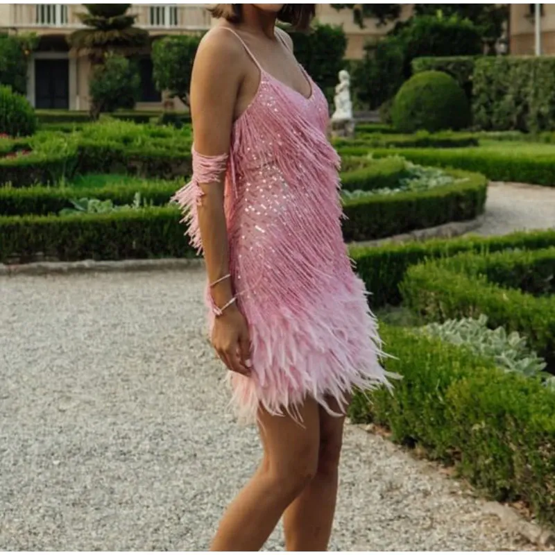 Funki Buys | Dresses | Women's Sequin Feather Fringe Dress