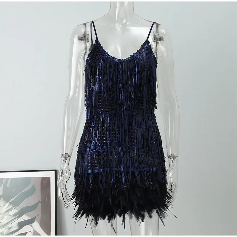 Funki Buys | Dresses | Women's Sequin Feather Fringe Dress