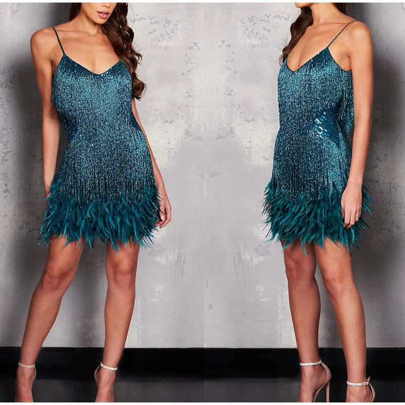 Funki Buys | Dresses | Women's Sequin Feather Fringe Dress