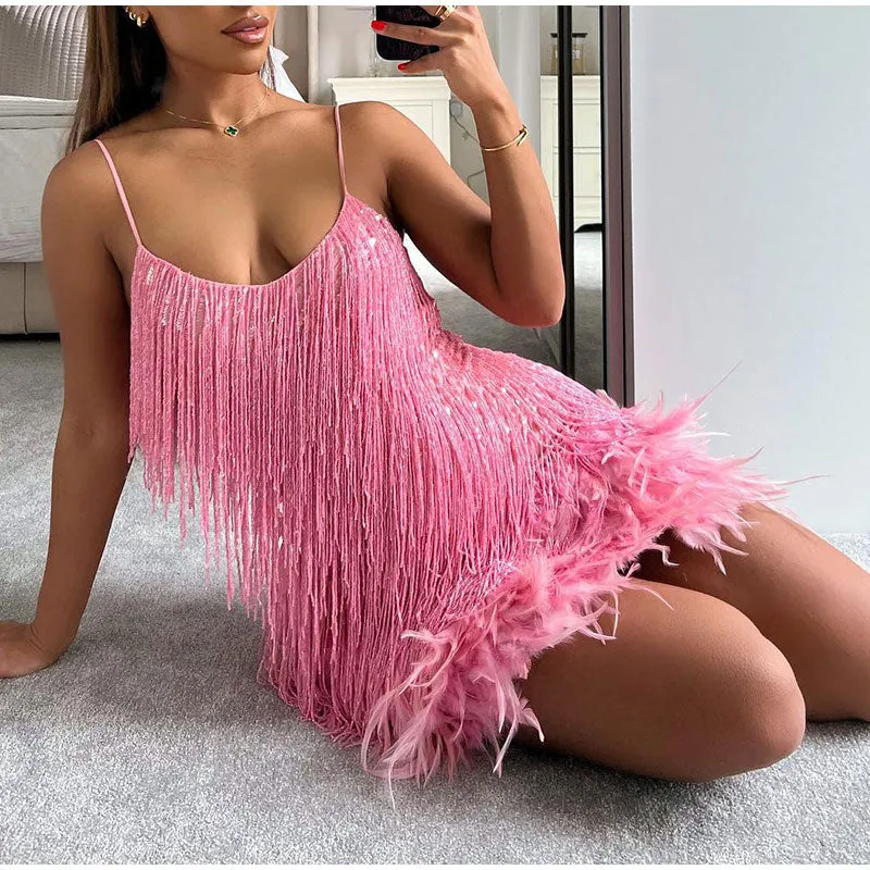 Funki Buys | Dresses | Women's Sequin Feather Fringe Dress