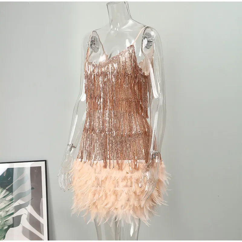 Funki Buys | Dresses | Women's Sequin Feather Fringe Dress