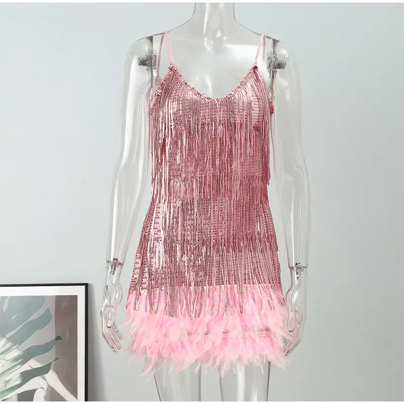 Funki Buys | Dresses | Women's Sequin Feather Fringe Dress