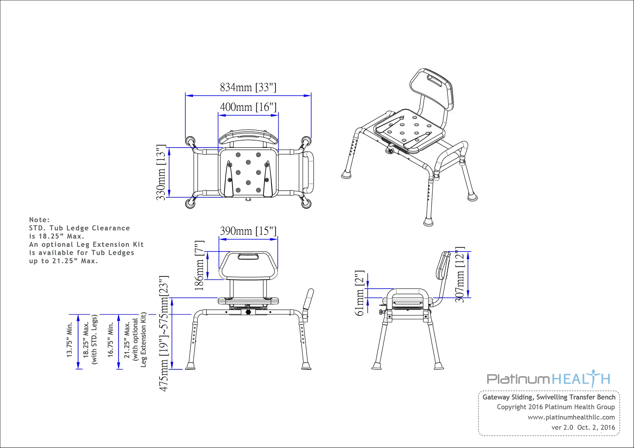 Gateway Premium Sliding Bath Transfer Bench with Swivel Seat PADDED