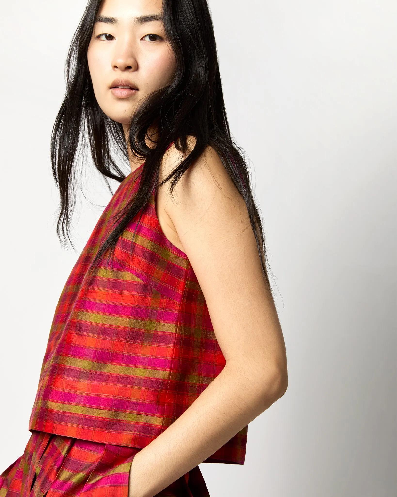 Gia Shell Top in Winter Madras Silk Shantung