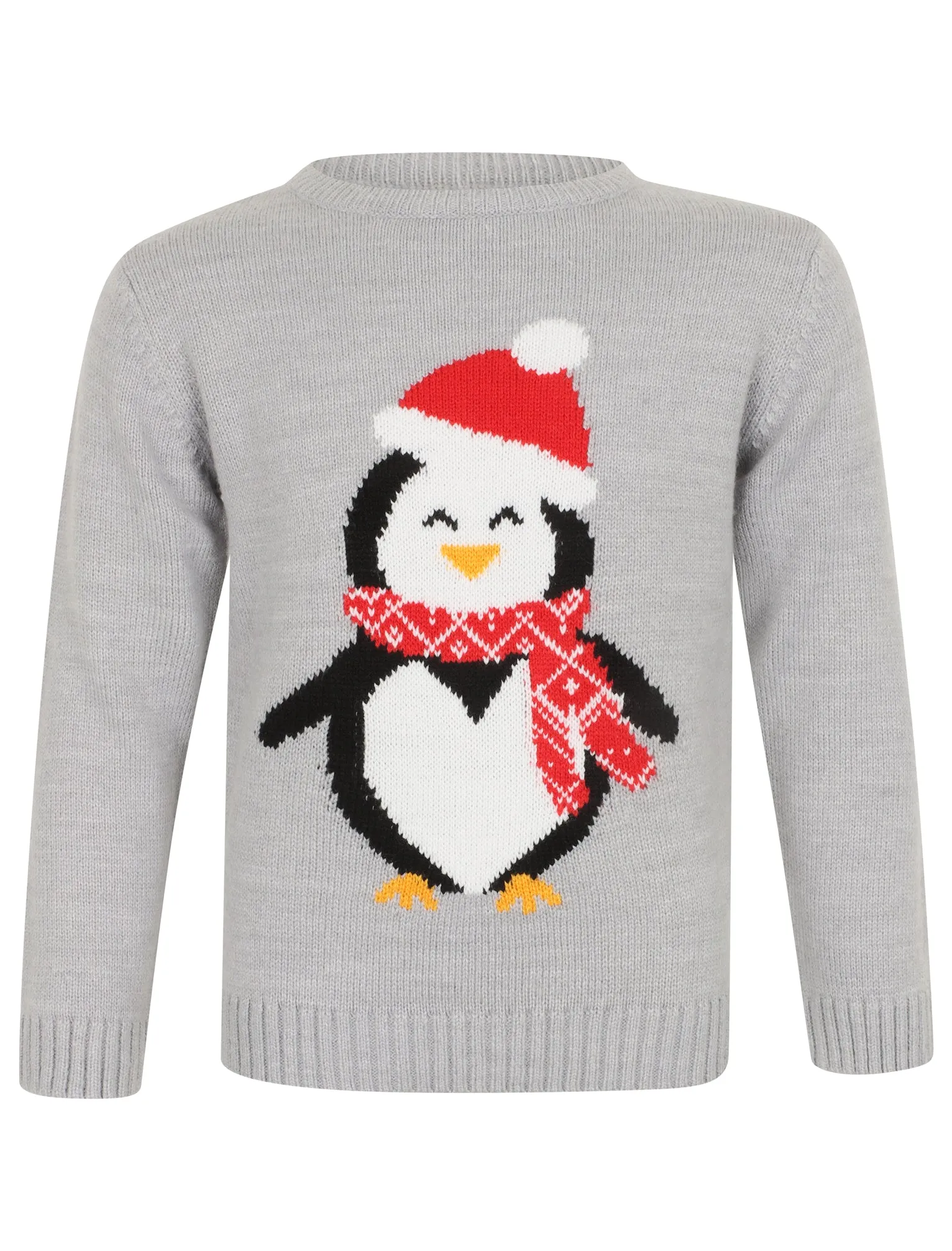 Girls Xmas Penguin Novelty Christmas Jumper in Light Grey Marl - Merry Christmas Kids (4-12yrs)