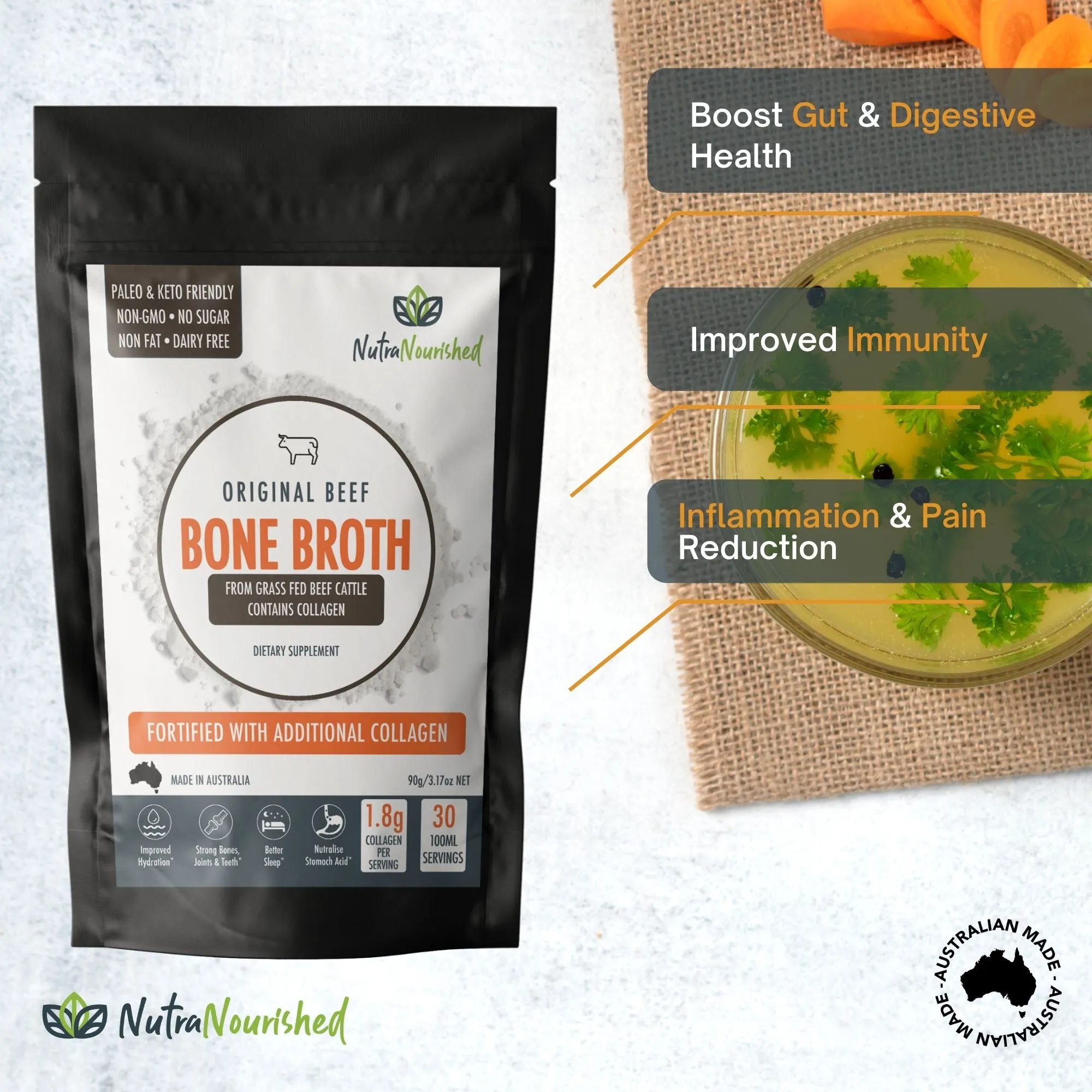 Grass-Fed Beef Bone Broth Powder, Rich in Nutrients, 90g - Nutra Nourished