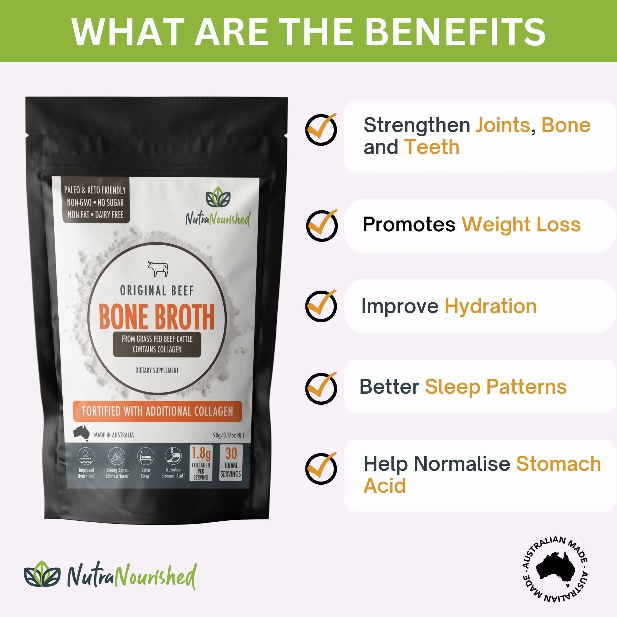 Grass-Fed Beef Bone Broth Powder, Rich in Nutrients, 90g - Nutra Nourished