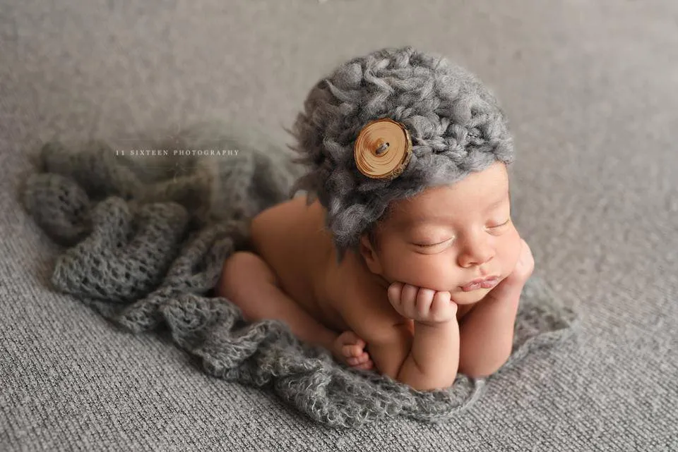 Gray Newborn Fluffy Button Hat