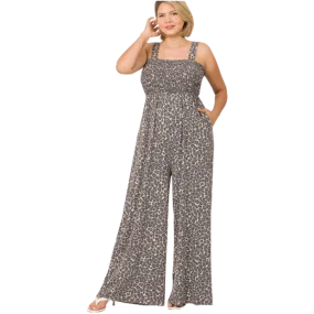 Grey Leopard Print Smocked Jumpsuit