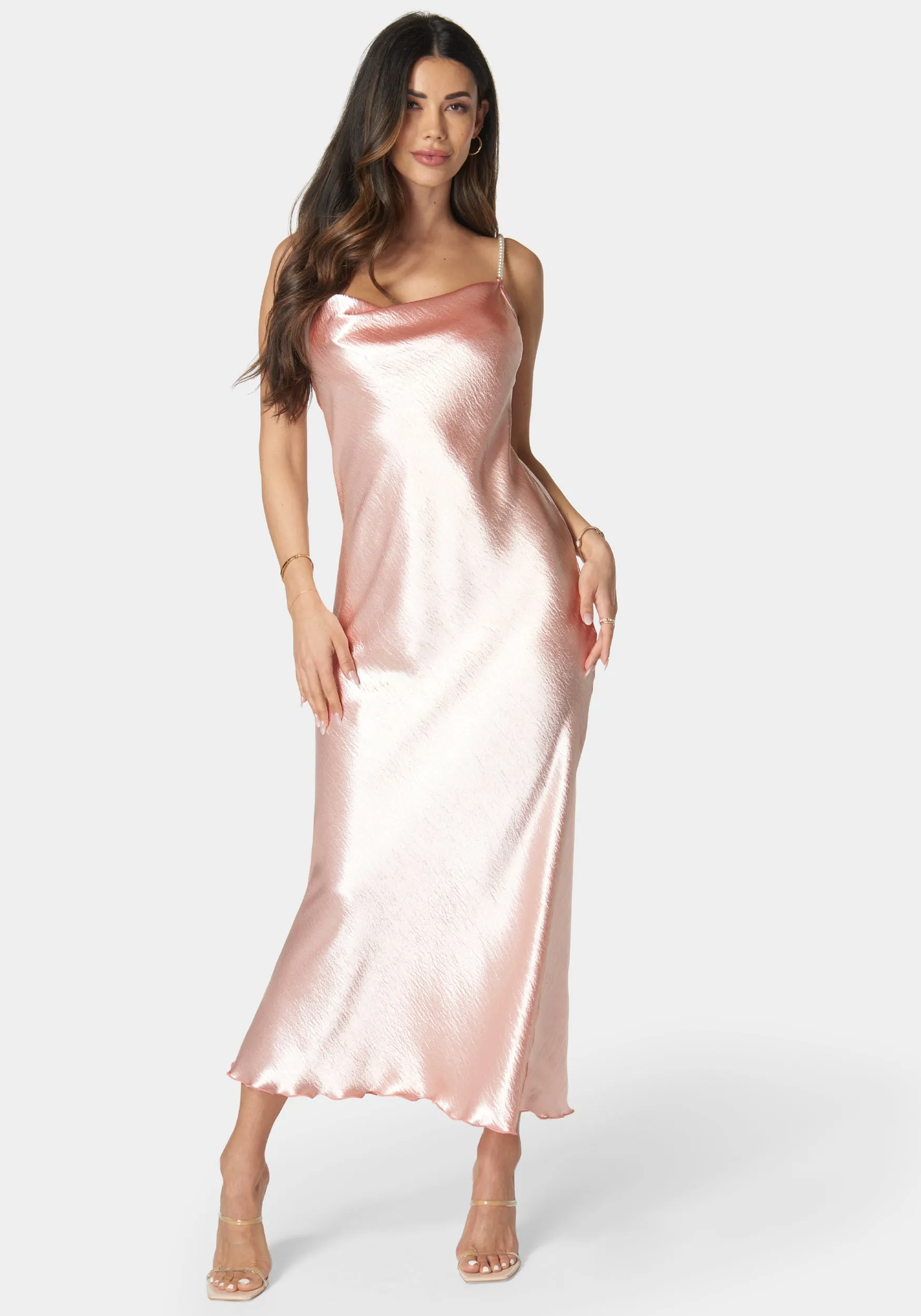 Hammered Satin Cowl Neck Pearl Strap Maxi Dress