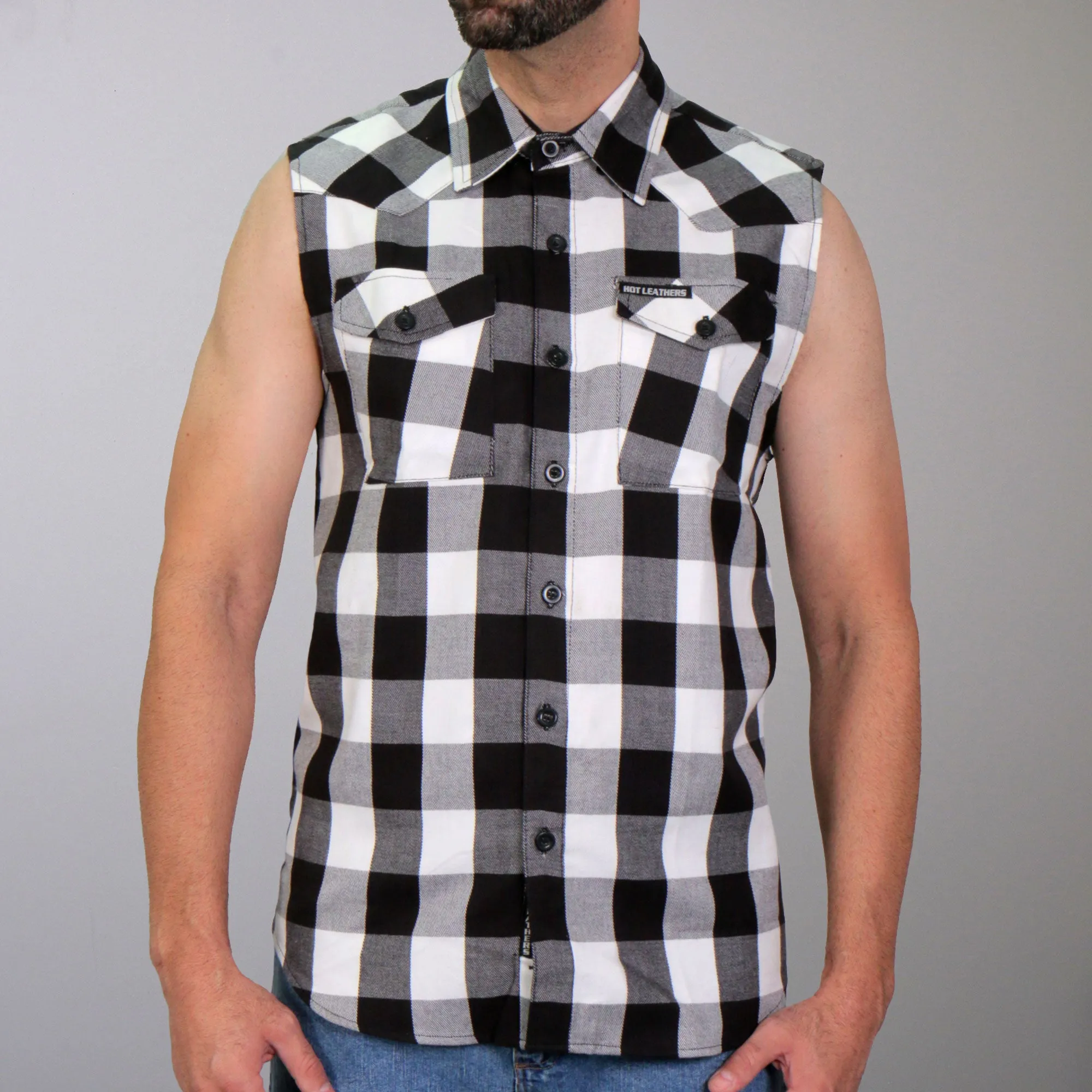 Hot Leathers FLM5004 Men’s Black and White Sleeveless Cotton Flannel Shirt