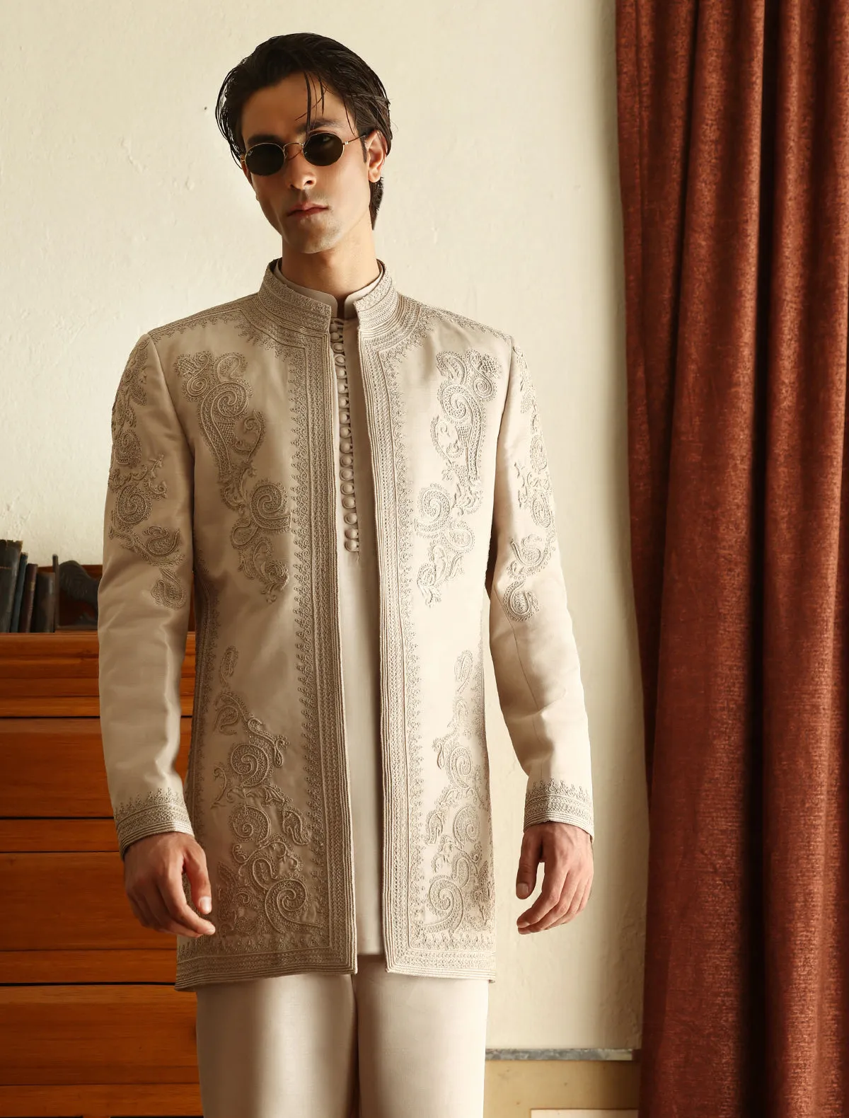 Ivory intricately hand embroidery long jacket