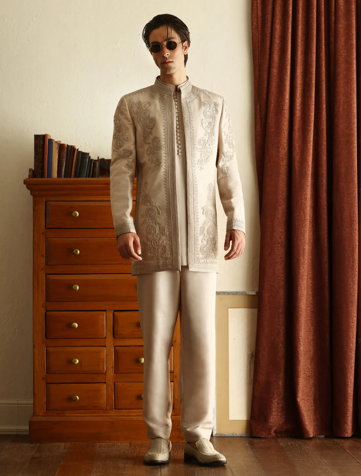 Ivory intricately hand embroidery long jacket