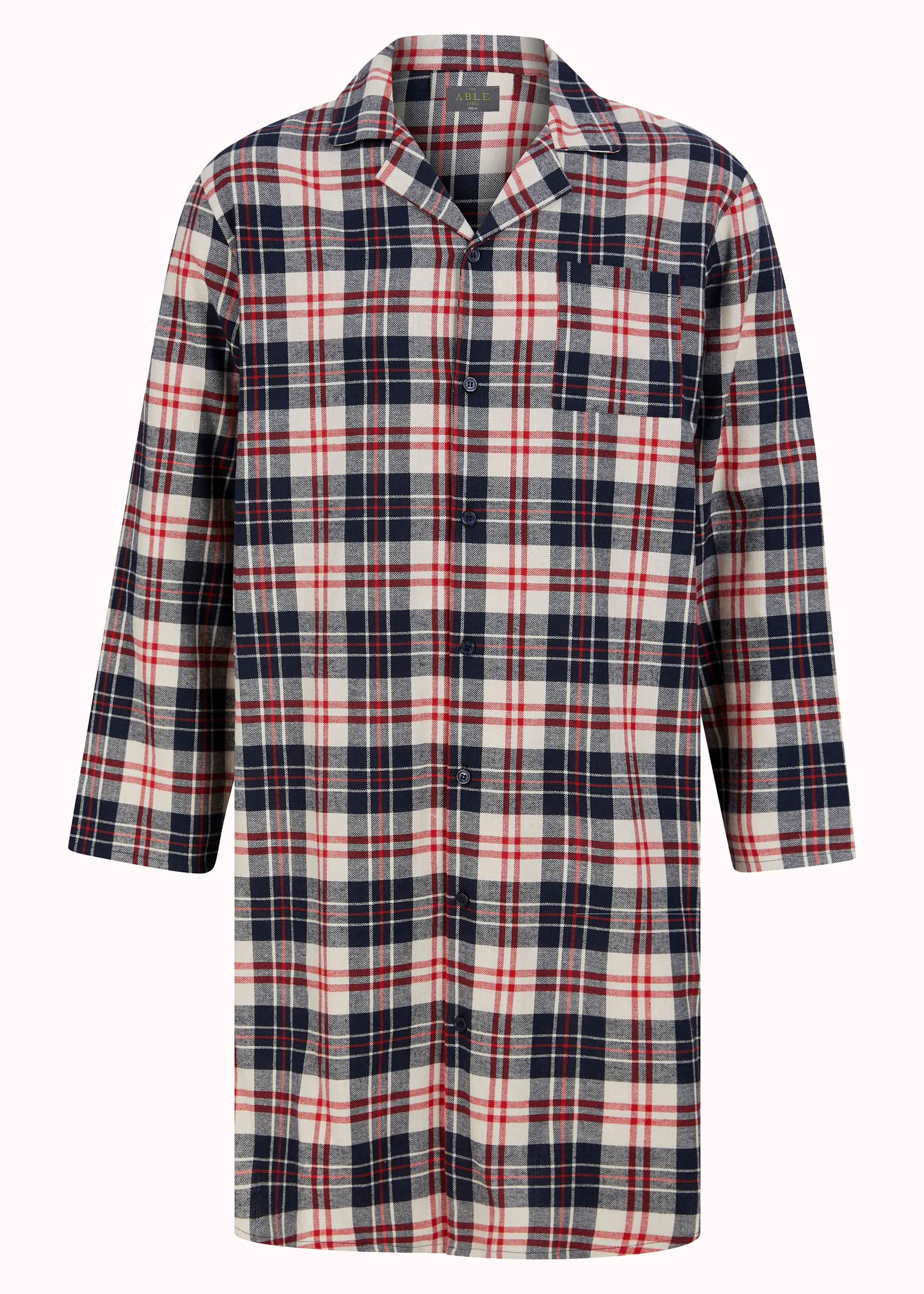 John Brushed Pure Cotton Long Sleeve Velcro Nightshirt - Red and Navy Check