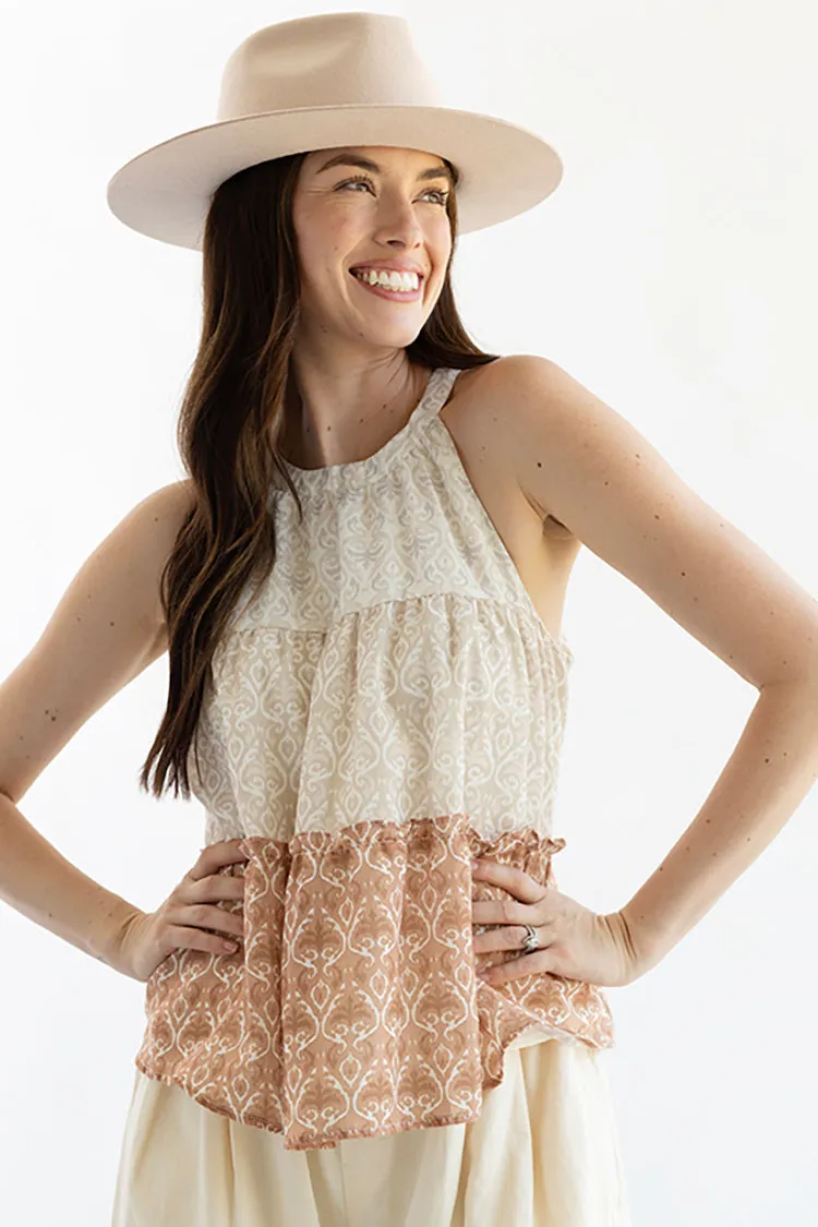 Khaki and Rust Printed Flowy Tank Top