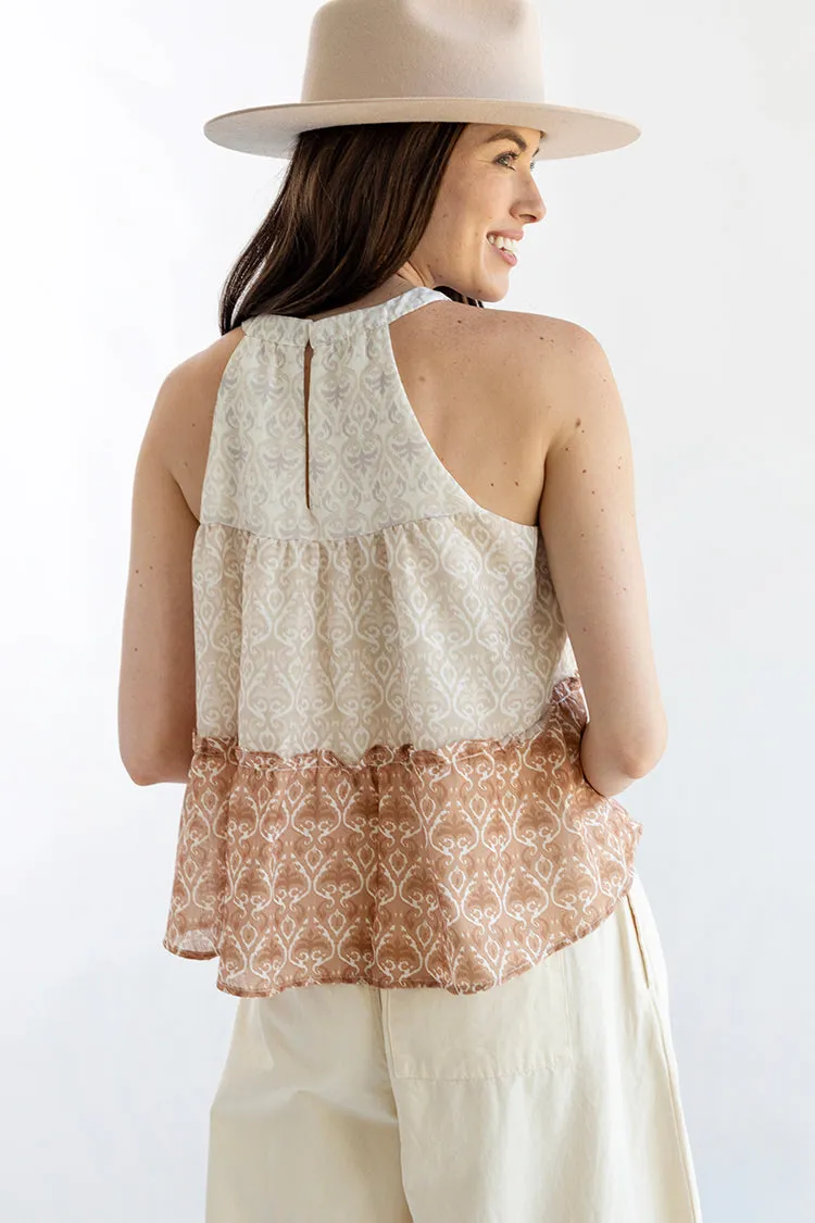 Khaki and Rust Printed Flowy Tank Top