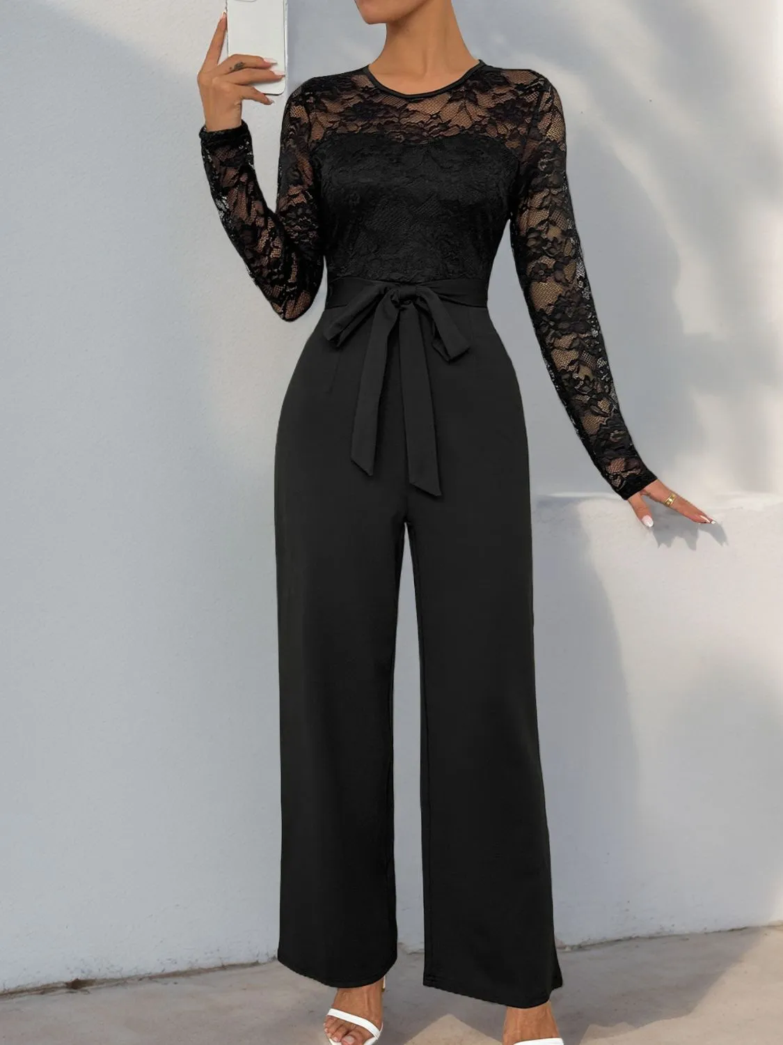 Lace Round Neck Long Sleeve Jumpsuit