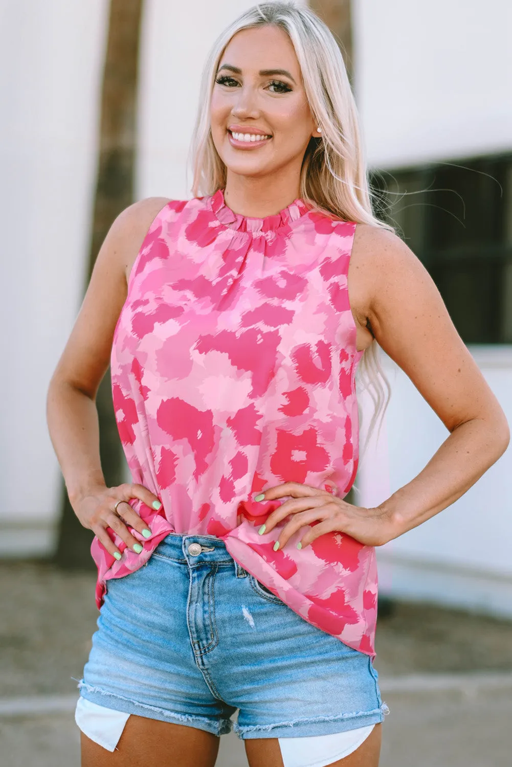 Leopard Frilled Collar Printed Tank Top