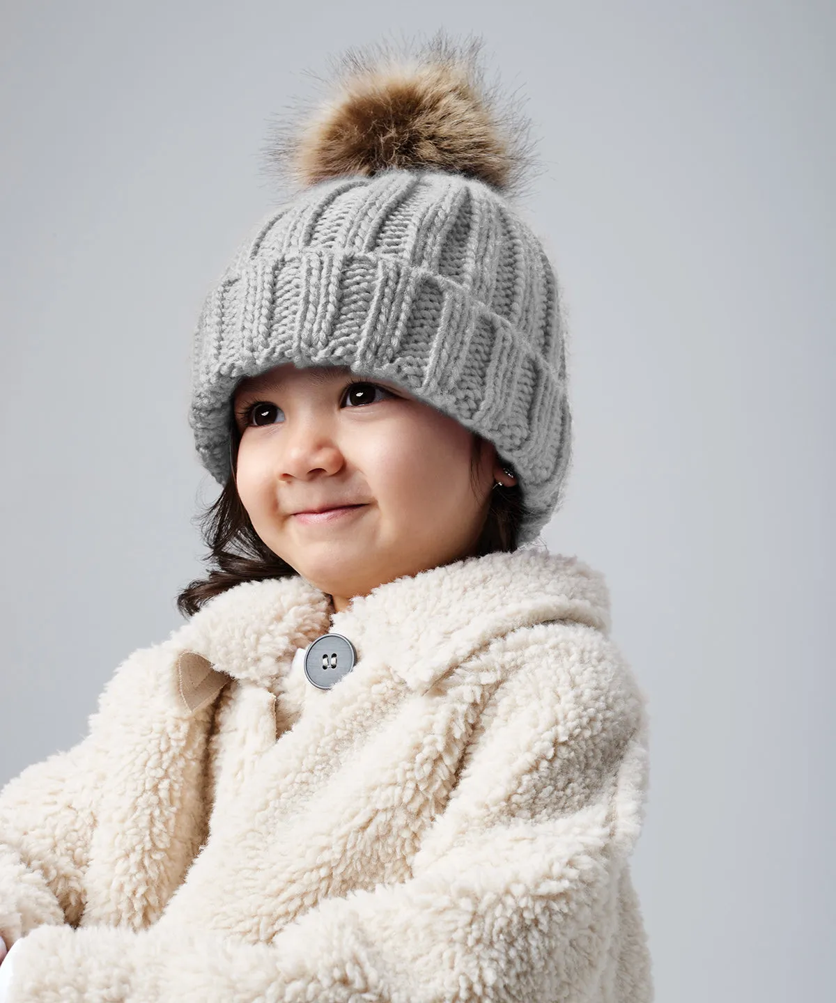 Light Grey - Infant/junior fur pom pom chunky beanie