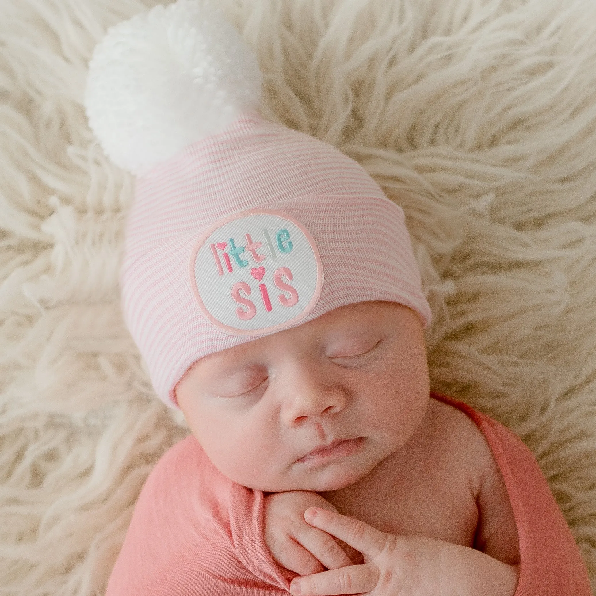 Little Sis Newborn Baby Girl Hospital Beanie Hat with Mixed Pink and White Pom Pom Infant Hat Newborn Hat, White, 0-3 Month Size