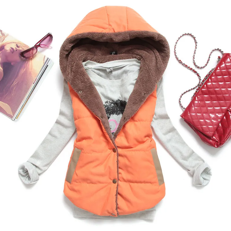 Long sleeve top with 2 in 1 Puffer Warm Vest Coat hoodie