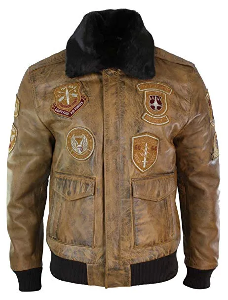 Men’s Aviator Tan Bomber Jacket With Patches