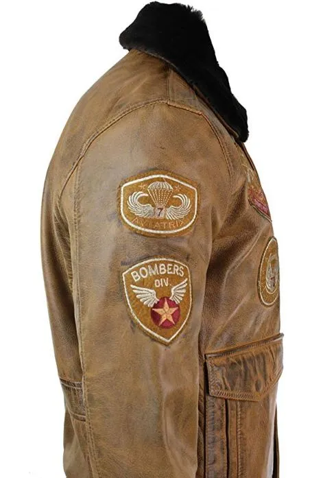 Men’s Aviator Tan Bomber Jacket With Patches