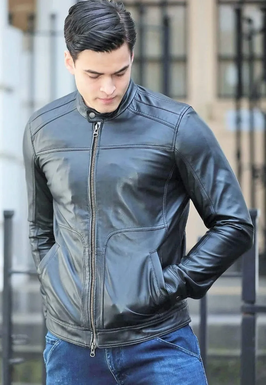 Men's Black Leather Jacket with Crew Neck