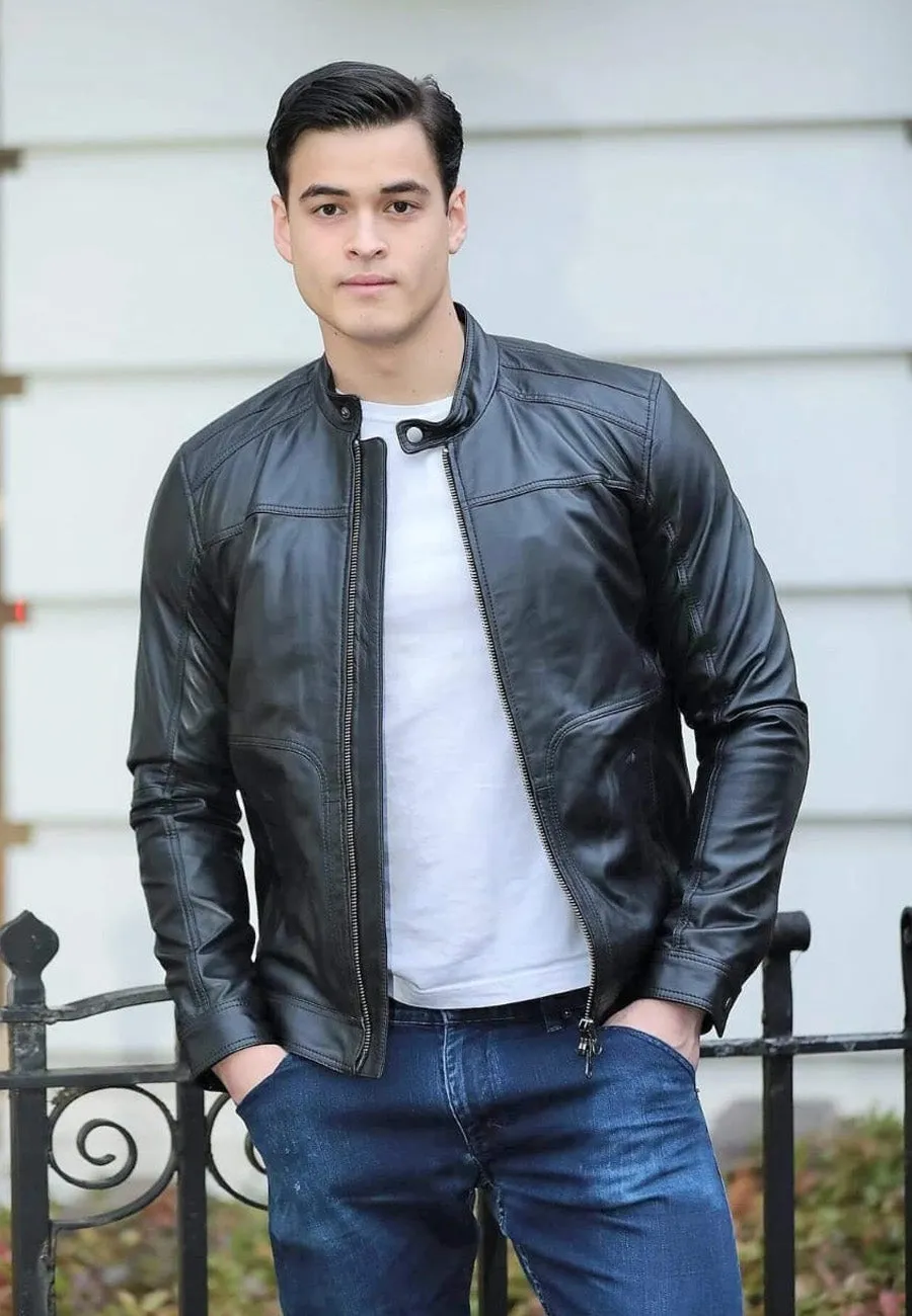 Men's Black Leather Jacket with Crew Neck