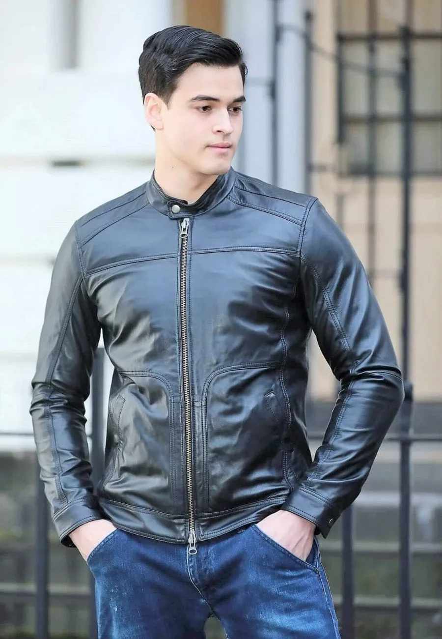 Men's Black Leather Jacket with Crew Neck