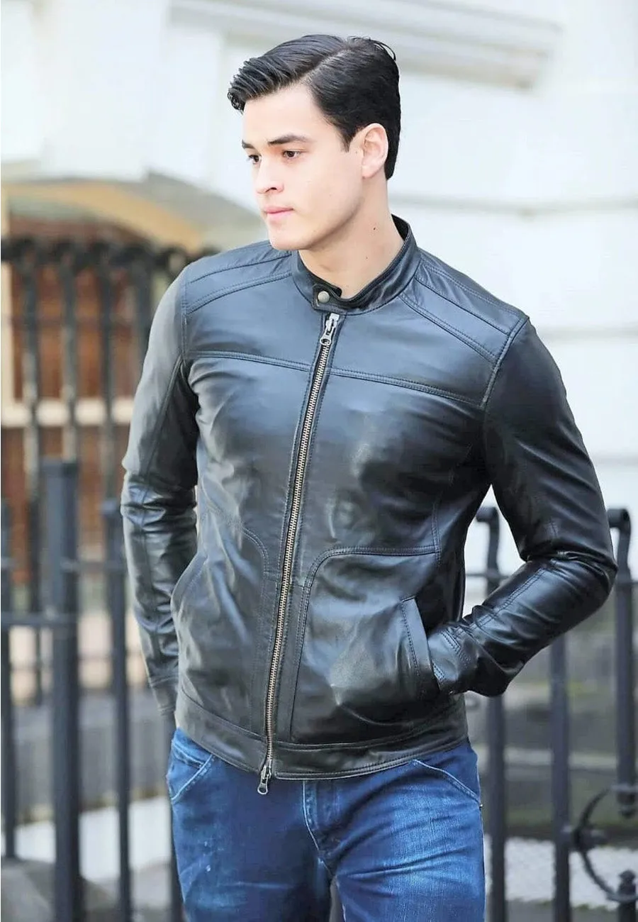 Men's Black Leather Jacket with Crew Neck