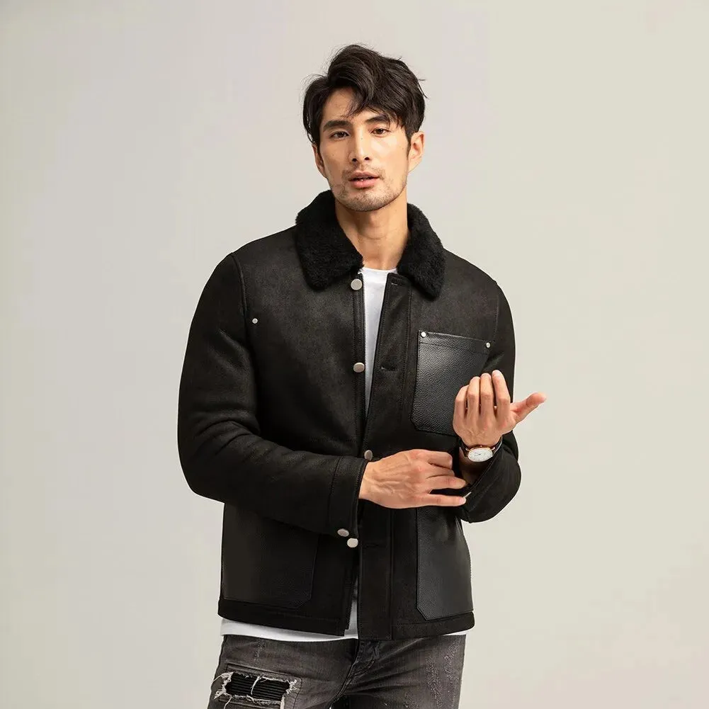 Men's Black Shearling Suede Jacket - Short Sheepskin Coat