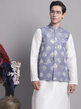 Men'S Blue And Golden Printed Nehru Jacket