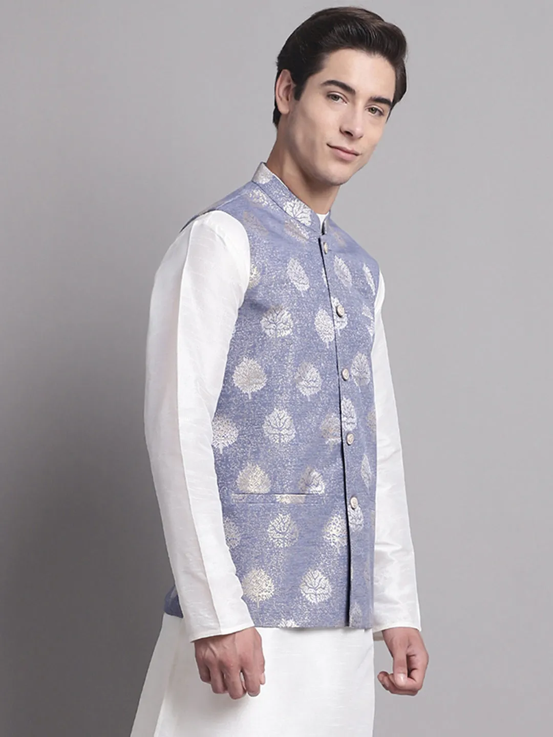 Men'S Blue And Golden Printed Nehru Jacket