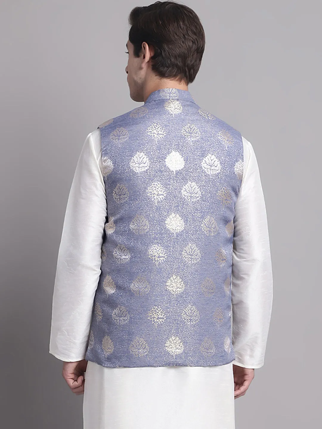 Men'S Blue And Golden Printed Nehru Jacket